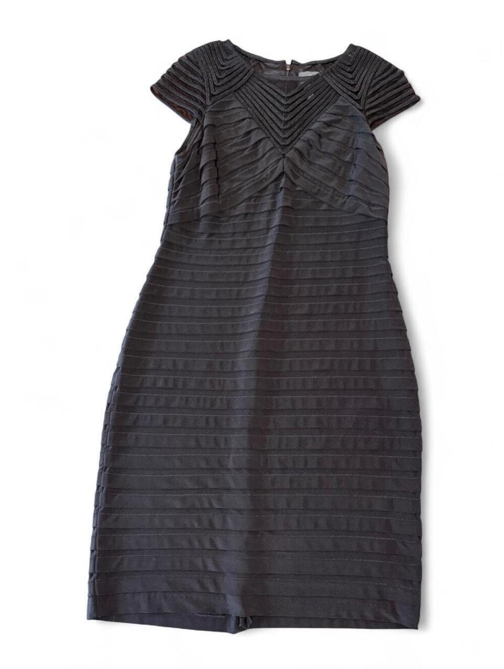 Adrianna Papell Black Shutter-Pleated Sheath Dress with Corded Mesh Yoke